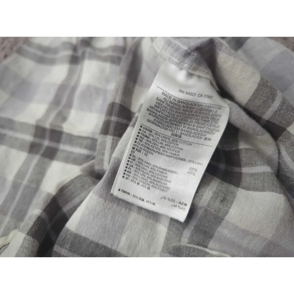 Banana Republic Button Up Shirt Mens Medium Gray Plaid Long‎ Sleeve Linen Blend